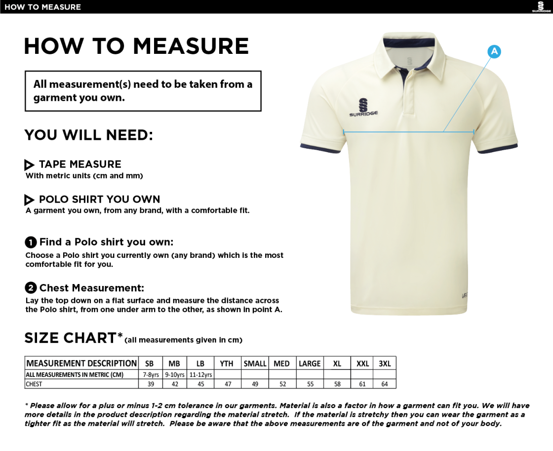 Ergo Cricket Shirt - Short Sleeve : Green Trim Adults - Size Guide